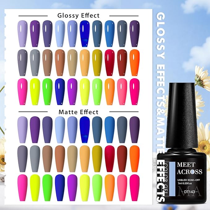 MEET ACROSS Gel Polish Set - 30 Colors Neon Hot Pink Red Green Blue Yellow Nail Polish Soak off Colorful Holidays Collection UV Gel Gifts for Women