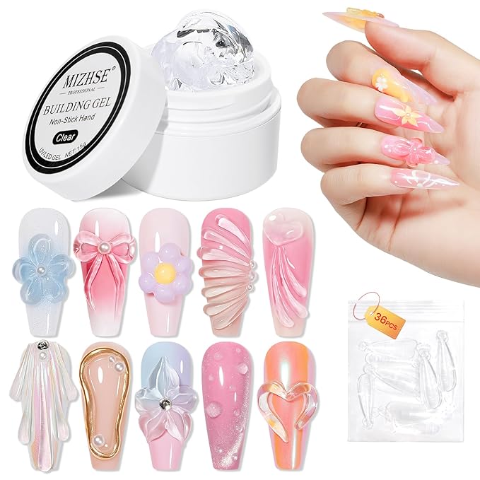 MIZHSE Solid Builder Gel Clear 3D Nail Gel, Non-Stick Hand Sculpting Gels for 3D Nail Art Carving Building Modeling, Nail Extension, Soak Off UV/LED Nail Art Salon Home DIY