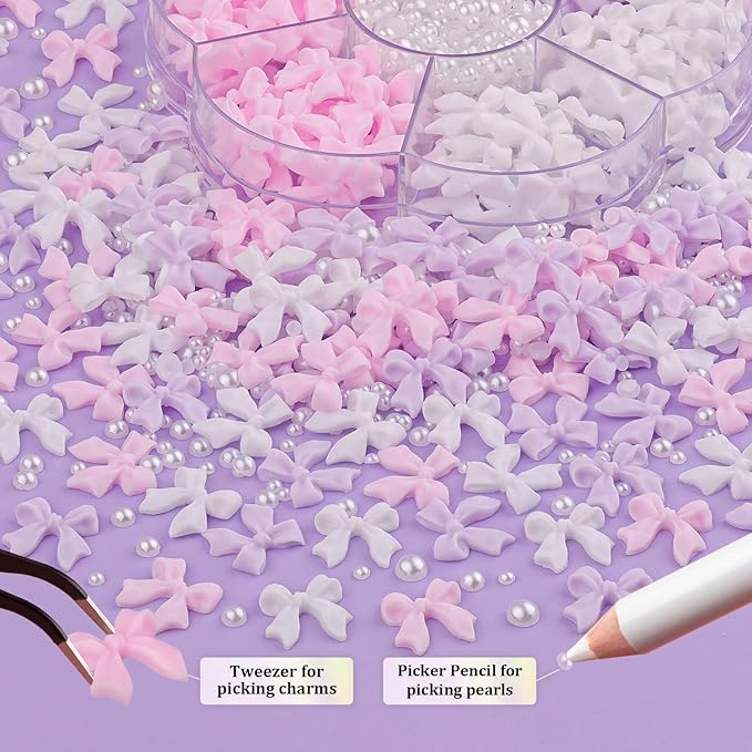 120 Pcs 3D Nail Bow Charms + 2-4mm Nail Pearls Set 3, Pink White Lilac Bow Nail Charms and White Flatback Pearls with Nail Charm Glue Gel(UV Needed) and Pickup Tools for Nail Art Decoration