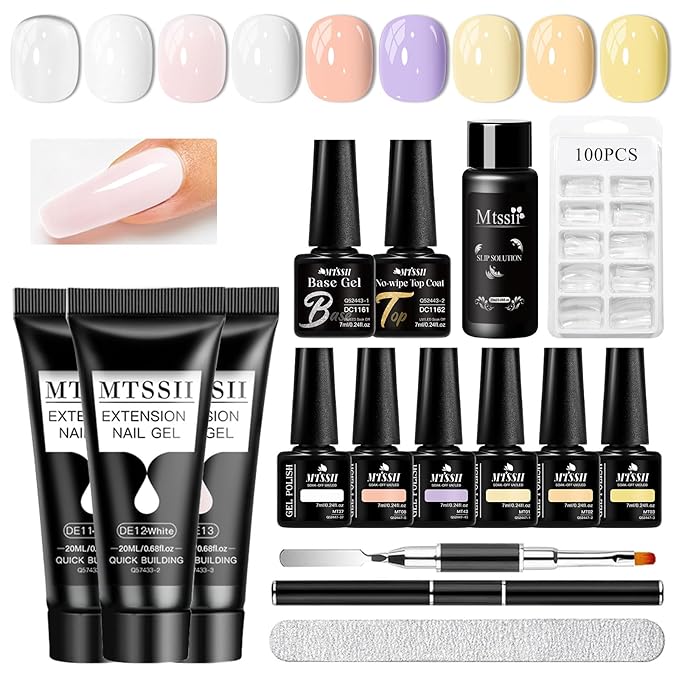 MTSSII 15Pcs Gel Nail Polish Set 6 Colors Nude Gel Polish + 3Pcs Poly Nail Gel Poly Extension Gel for Nail with Slip Solution, Dual-Ended Brush, Nail File Manicure Kit