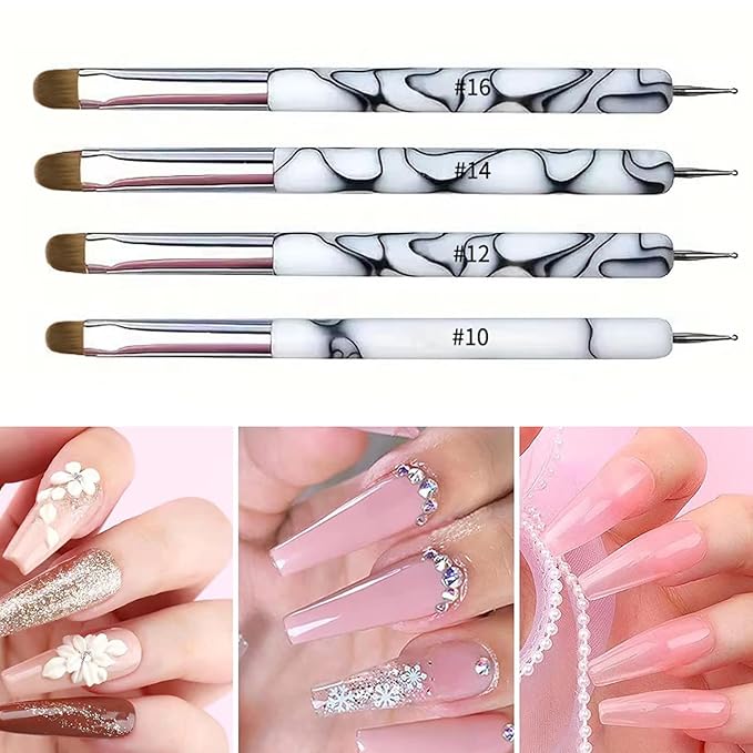 4Pcs French Tip Brush, Double-Ended French Brushes for Nails with Dotting Tool, Clean Up Brush for Gel Nail Polish, Size 10/12/14/16, Acrylic Nail Art Brushes, Manicure Tools for Nail Design-Purple