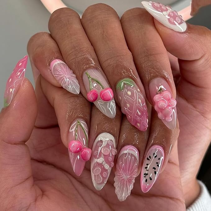 3D Press on Nails Medium Almond with Pink Strawberry Design, White Paw Print Fruite Nail Press ons Glossy Stick on Nails for Women Reusable with Kit, Stick on Cute Fake Nail with Designs Perfectly Fit
