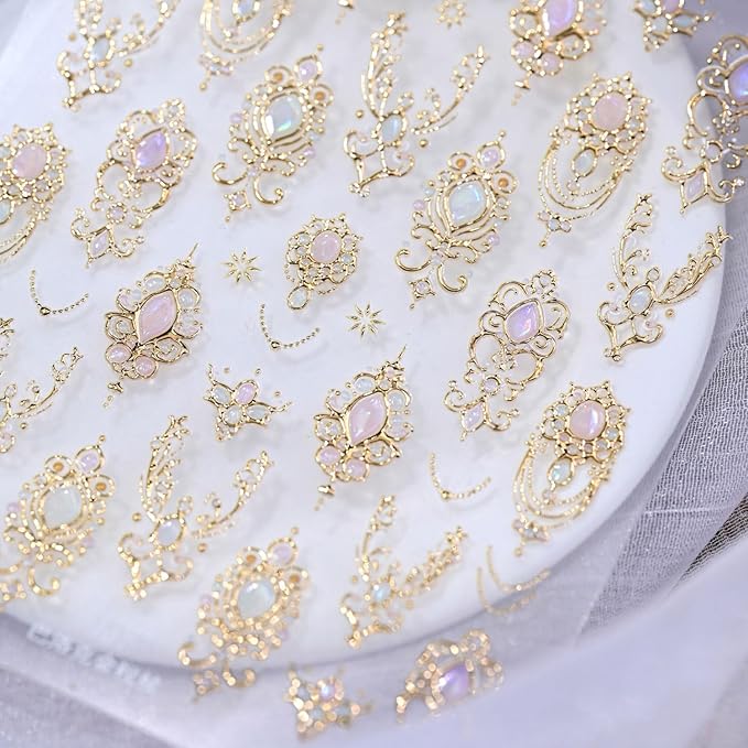 5D Embossed Nail Art Stickers Gold Nail Decals Vintage Gemstones Nail Art Decorations Supplies Gold Line Design Manicure Accessories for Women