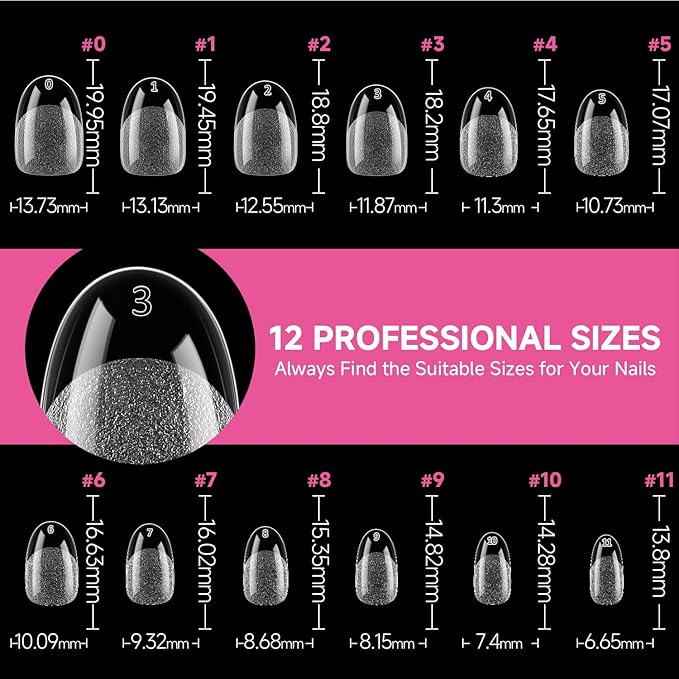 UNA GELLA Oval Gel Nail Tips, 312 Pcs Short Oval Round Nails Pre-Etched Half Matte Clear Acrylic Full Cover Press on Fake Nails No Filing Needed for DIY & Nail Extensions 12 Sizes