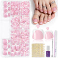 Toe Press On Nails, 240Pcs White French Press On Toenails Kit, Pink Square Pre-Designed Soft Gel False Toenail Extension, 12 Size Full Cover Fake Toenail Press Ons for Women