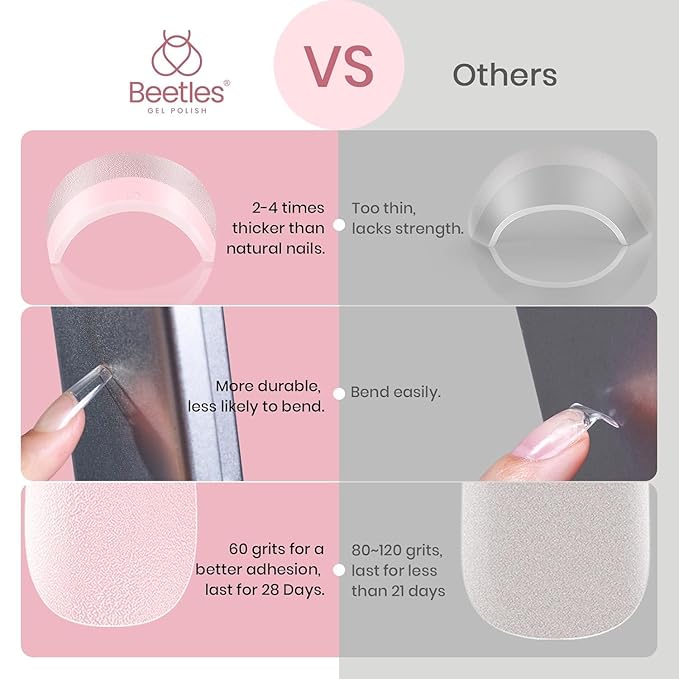 Beetles Nail Tips Medium Square 576Pcs 12 Sizes - Pre-Etched Soft Acrylic Nail Tips Half Matte False Nails Nail Art Full Cover Press Ons Nail Extensions Gift Set Home DIY Nail Salon