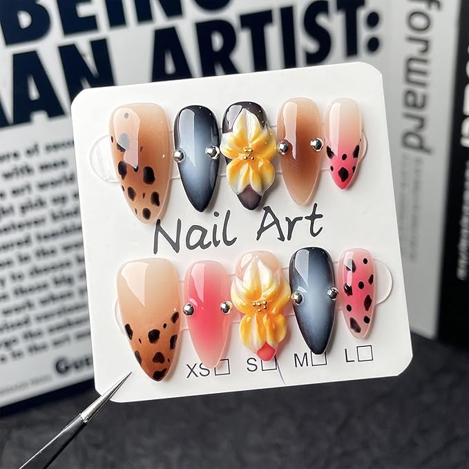 Medium Almond Press on Nails Luxury Handmade Nails with Glue,Tropical Flower Art False Nails with Leopard Print Design Handmade Nail Press ons Muti-Layer Gel Fall False Nails for Women (Size S)
