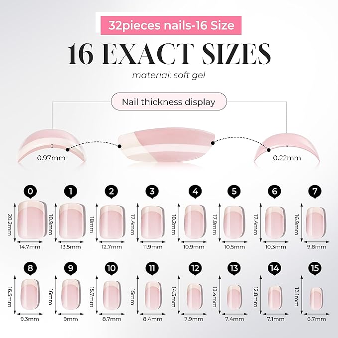 UNA GELLA 32Pcs Soft Gel Press on Nails - 16 Sizes French Tip Short Square Glue on Nails, Reusable Nude Beige False Nails, Full Cover Acrylic Nail Kit for Women DIY Home Manicure