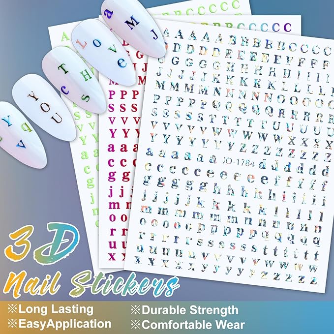 12 Sheets Letters Nail Stickers English Alphabet Nail Decals 3D Self-Adhesive Glitter Metallic Gold Silver Color Nail Sticker Black Alphabet Nail Art Supplies for Women Girls Nail Decoration 807-21
