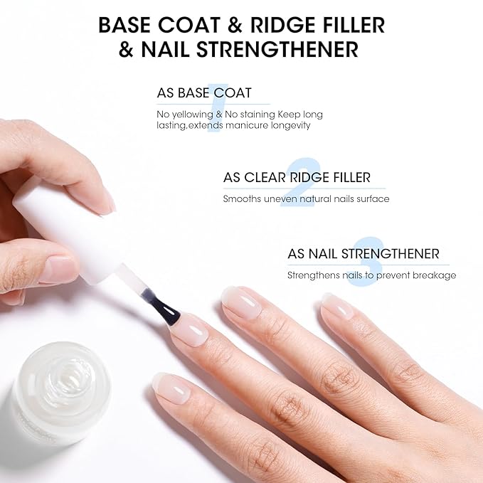 GELLEN Clear Nail Polish Ridge Filling Base Coat, Sheer Milky White Tint Ridge Filler For Nails, Smooth Strengthen Repair Damaged Dry Nails | Shea Butter, Vitamin E, Protein | Toxin HEMA TPO Free