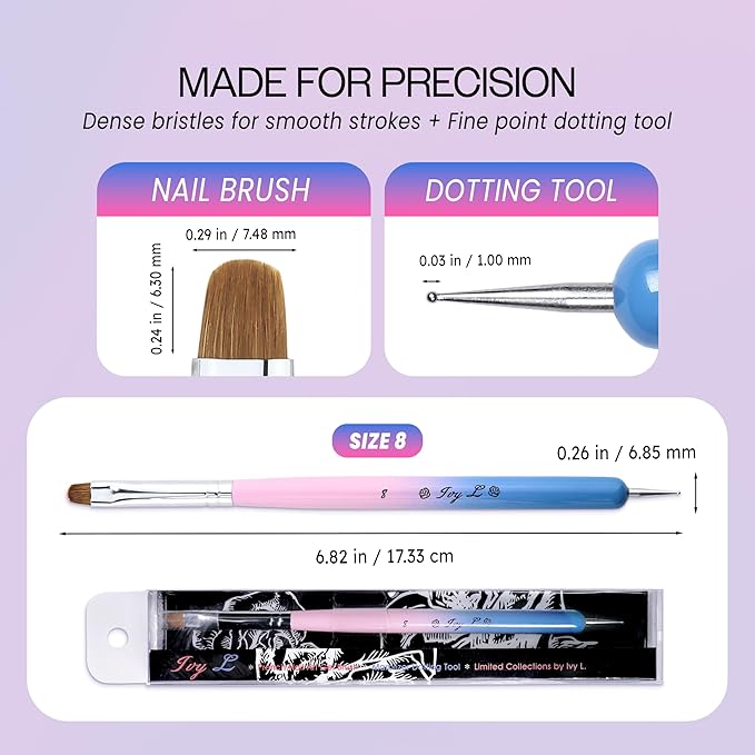 Ivy-L Premium 2 Way French Gel Acrylic Nail Art Kolinsky Brush With Dotting Tool for Professional Manicure Cuticle Clean Up Nail Art Design, Pink Blue Wood Handle (Size 8)
