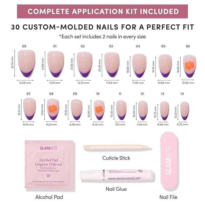 Glamnetic x Fanatics Press On Nails - Clemson Tigers | Short Almond Fake Nails, Collegiate Tiger Purple French Tips, College Nails, Salon-Quality | 15 Sizes - 30 Nail Kit with Glue