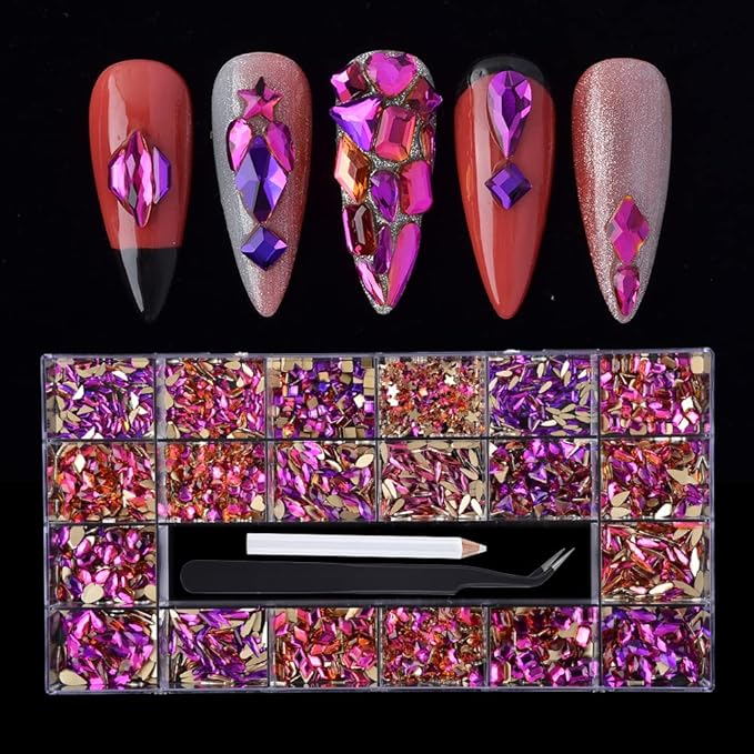 Nail Rhinestones Kit - 1000Pcs/Box Multi Shapes Glass Crystal Diamond Flatback Professional Art Decorations DIY Craft With Picker, Purple