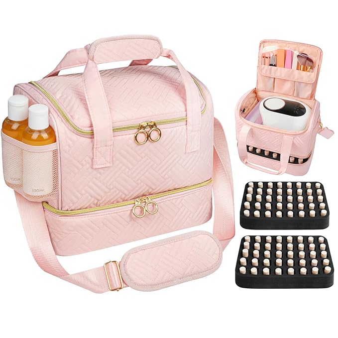 Nail Polish Organizer Bag Holds 80 Bottles (15ml/0.5fl.oz)& Nail Lamp, Soft Velvet Nail Kit Storage Carrying Case with Shoulder Strap, Double Layer Nail Supplies Organizer Handbag Women (Pink)