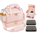 Nail Polish Organizer Bag Holds 80 Bottles (15ml/0.5fl.oz)& Nail Lamp, Soft Velvet Nail Kit Storage Carrying Case with Shoulder Strap, Double Layer Nail Supplies Organizer Handbag Women (Pink)