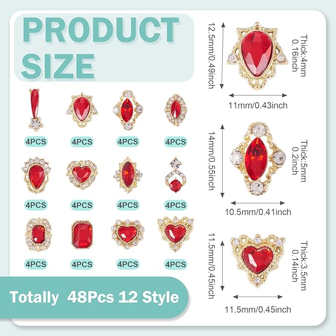 KISSITTY 48pcs Nail Art Rhinestones Flat Back Rhinestone Crystal Cabochons Red Color Heart Teardrop Rectangle Shape Small Embellishments for Nail Art Craft Decoration Jewelry Making