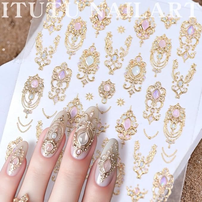 Self-Adhesive Gem Nail Stickers Vintage Style Totem Nail Supplies Embossed Gold Jewelry Ribbon Nails Decals Pink Diamond Nails Designs Baroque Scepter Nails Art Decoration for Women Manicure 1 Sheet