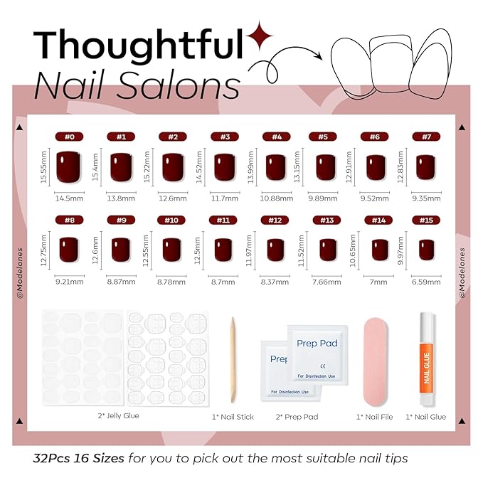 Modelones Extra Short Press on Nails, Dark Red Squoval Fake Nails, Reusable Nail Kit with Nail Glue Adhesive Tabs Mini Nail File, Nails Press Ons 32Pcs 16 Sizes, Spring Women Girl Gift
