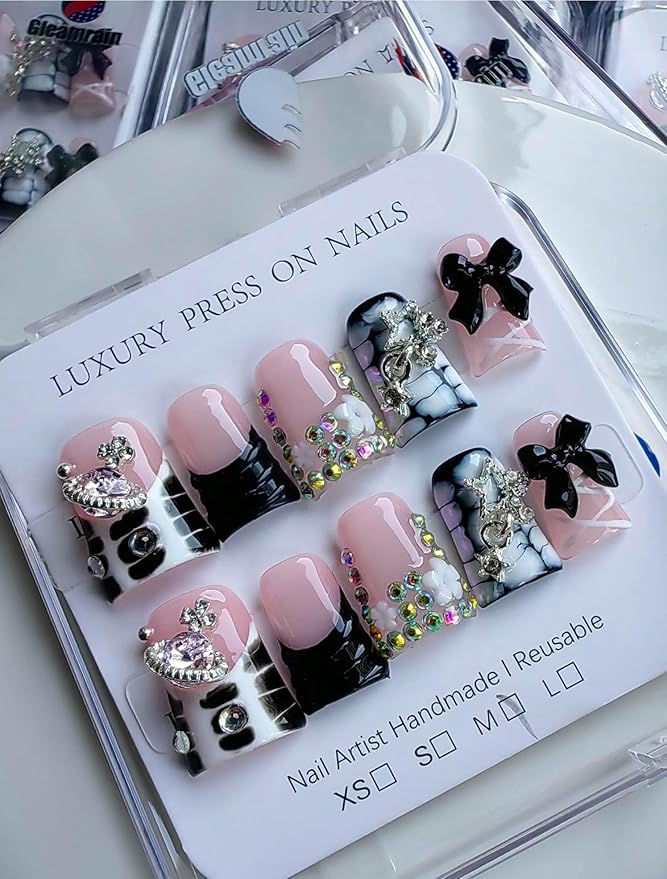 Handmade Press on Nails Duck Fake Nails Pink and Black Design with Rhinestones and Bow and Flower for Women 10pcs M Size Pattern 1101