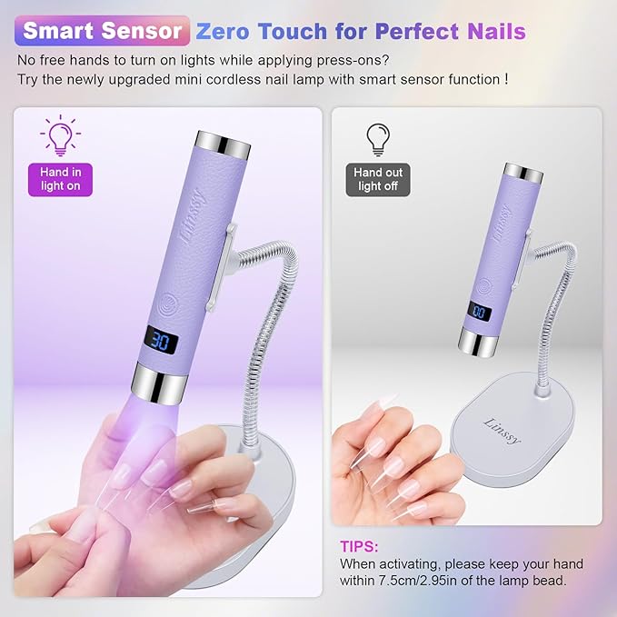Mini UV Light for Nails with Auto Sensor & Gooseneck Stand,Portable Cordless Nail Lamp Flash Cure Lamp with LCD Display,Handheld UV Light for Gel Nails at Salon & Home Use (Purple)