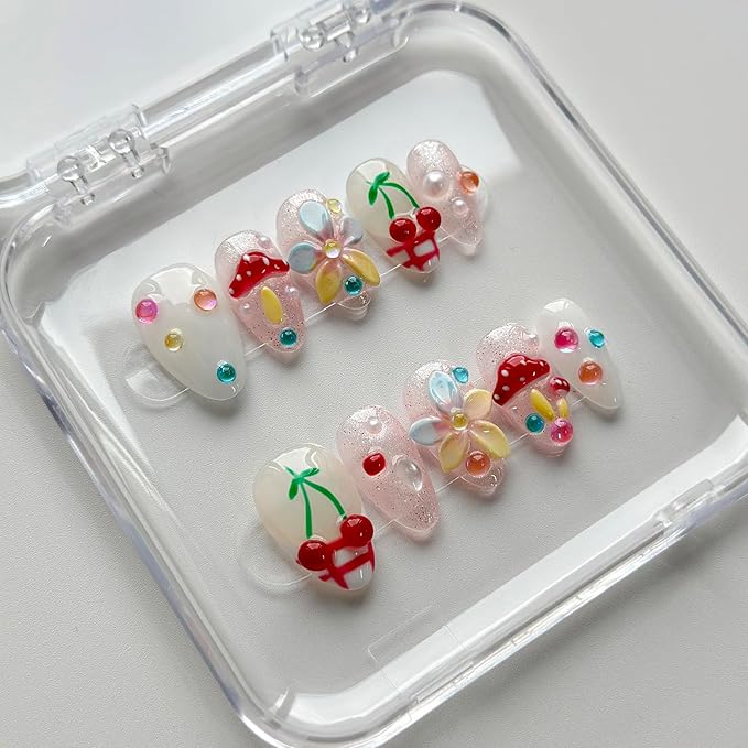 Luxury Press on Nails Short Almond Handmade 3D Unique Reusable ABS Material Fake Nails French Tip False Nails with Designs Mushroom Flower Glitter Glossy Glue on Nail Thick Acrylic Nail(M)