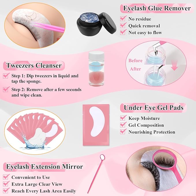 Lashes Kit for Eyelash Extension Beginner Lash Tech Starter Kit with Eye Lash Mannequin Head, Professional Eyelash Extension Kit with Lash Fan, Extension Glue and Eyelash Remover for Practice Training