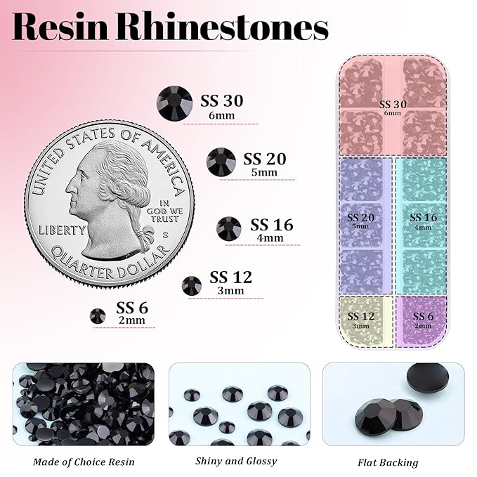 Resin Rhinestones for Crafting with 3Pcs 10ml B7000 Jewelry Glue, 1 Box Black Flatback Gems Crystals Diamond for Bedazzling Crafts DIY Nail Art Makeup, Gems for Clothing Tumblers Shoes