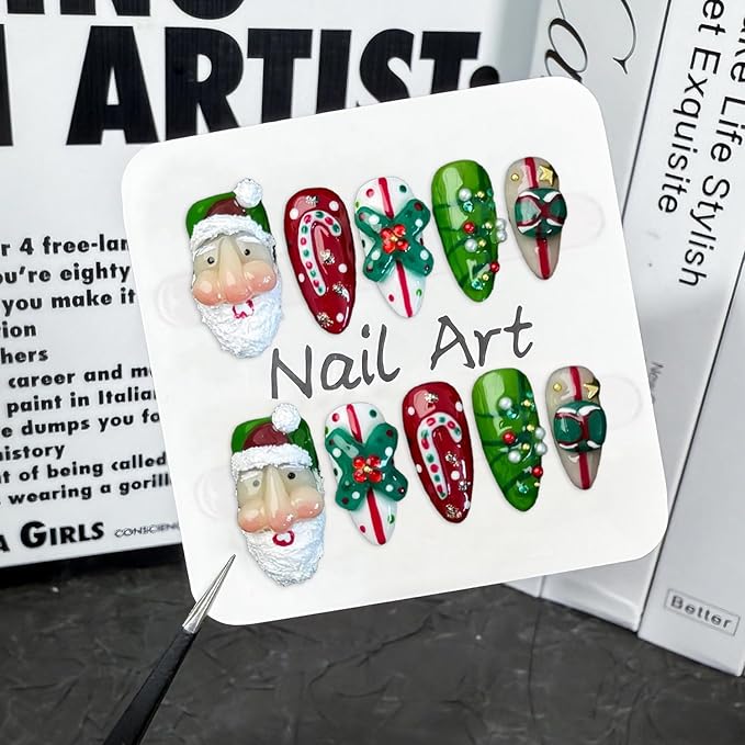 Christmas Press on Nails Short Almond False Nails Luxury Thick Handmade 3D Pearl Rhinestone Design Muti-Layer Gel Xmas Santa Claus False Nails Full Cover Christmas Acrylic Nails for Women (Size M)
