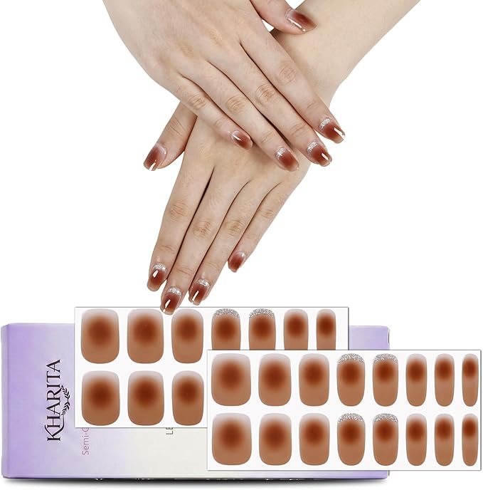 Semi Cured Gel Nail Strips – Real Gel Nail Polish Wraps for Brittle Nails | Waterproof Long Lasting Easy Peel-Off Removal | Hema-Free | Ombre Brown Salon Sticker Kit with File & Stick