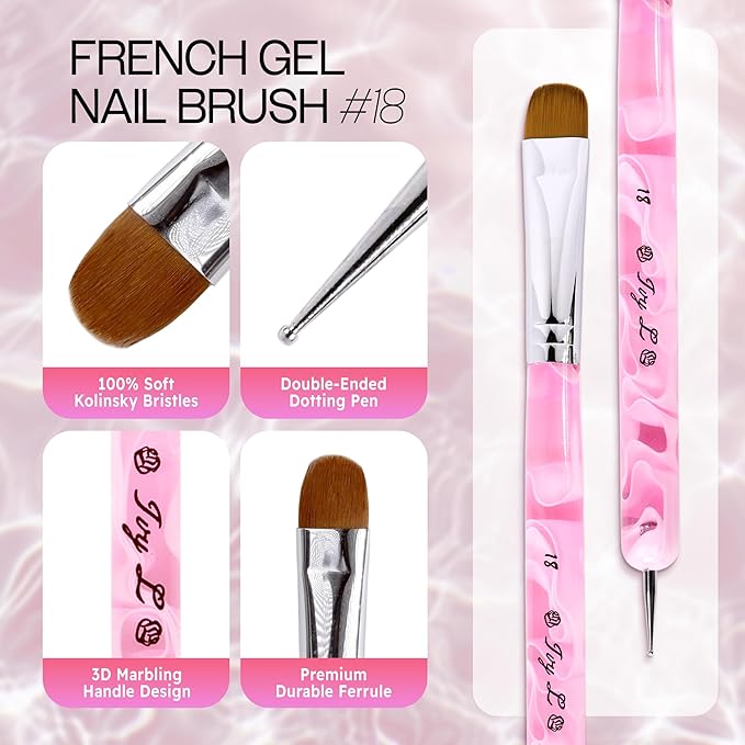 Ivy L Premium 2 Way French Gel Acrylic Nail Art Kolinsky Brush with Dotting Tool for Professional Manicure Cuticle Clean up Nail Art Design (Size # 18, Pink Marble)
