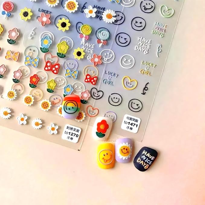 Dedyel Smile Nail Art Stickers 5D Embossed Cute Smile Face Kawaii Self-Adhesive Nail Stickers for Women Girls Kids Nail Art Decoration