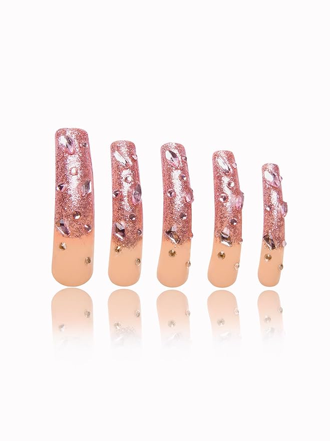 LOVFUL Press on Nails Pink Glitter | Handmade with Full Covered Crystals | Reusable Full Cover Nails | Curve Long 2.2 in | H60-S