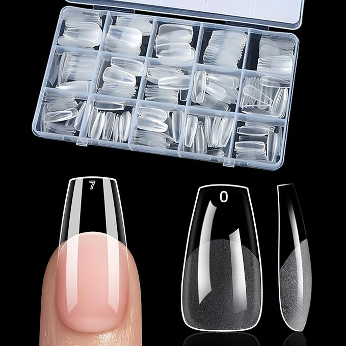 BlueZOO Gel Medium Coffin Etch X Nail Tips, 300Pcs 15 Sizes Acrylic Pre-Shaped Full Cover Clear False Nail Tip, Half Matte Press On Nails for Extension Nail Manicure Home DIY Salon Fake Nails with Box