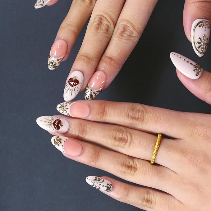 Press On Nails - Short Almond Handmade Unique Fake Nails, Artistic Design, Thick Acrylic and Muti-Layer Gel False Nails, Reusable UV Gel Cured Sturdier 3D Fake Nails,DIY Art Decorate