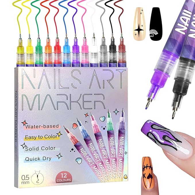 Hinourisha12pcs Nail Art Pens Sets, Nail Art Marker, 0.5mm Fine Tip Easiest Color Pens for Beginners painting nails, Nail Polish Pen Quick-drying Waterproof, Valentines Day Gifts for women