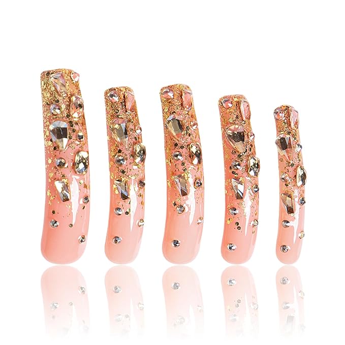 LOVFUL Press on Nails Stardust Gold Rhinestone | Handmade with Full Covered Crystals | Reusable Full Cover Nails | Curve Long 2.2 in | H84-S