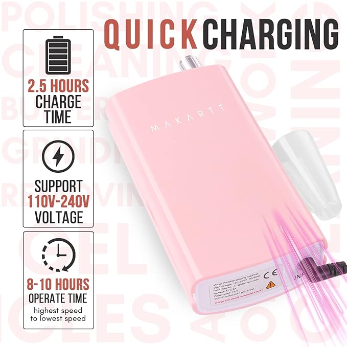 Makartt 30,000 RPM Rechargeable Nail Drill Kit – Portable Electric File with Buffer, Pink Manicure Set with Cuticle Trimmer for Professional Nail Prep