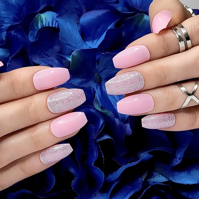 Hypnaughty 24 Pcs Pink Ballerina Press On Nails with Glue Medium Short Length Fake Nails with Glitter Design Glossy Acrylic Press On Nails Full Cover (Pink)