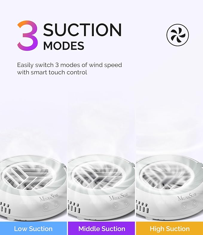 MelodySusie PocketSized Nail Dust Collector with Lightweight Design,HProA 6000RPM Ultra-Small Nail Vacuum Fan with 3 Suction Modes and 30 Disposable Filter Papers for Beginner & Daily Nail Care,White