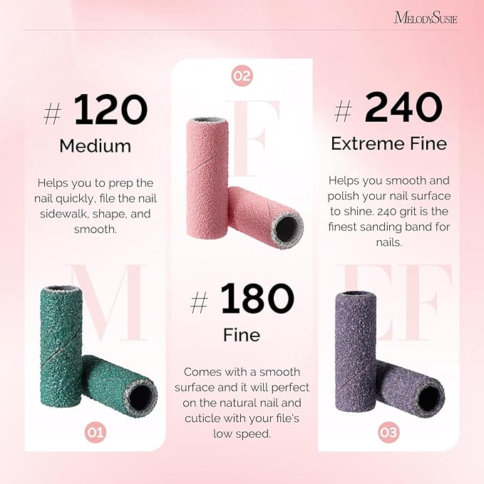 MelodySusie 240 Pcs Nail Drill Bits Small Sanding Bands for 3.1mm Mandrel Bit, 120 Medium, 180 Fine, 240 Extreme Fine Grit for Acrylic Nails Gel Manicures and Pedicure, Colorful (Only Sanding Bands)