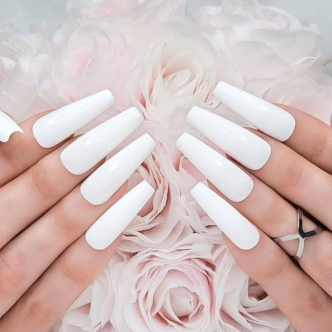 Hypnaughty 24 Pcs Classic White Glossy Extra Long Coffin Press On Nails and Glue XL Reusable Solid Color Luxury False Nails (Classic White)