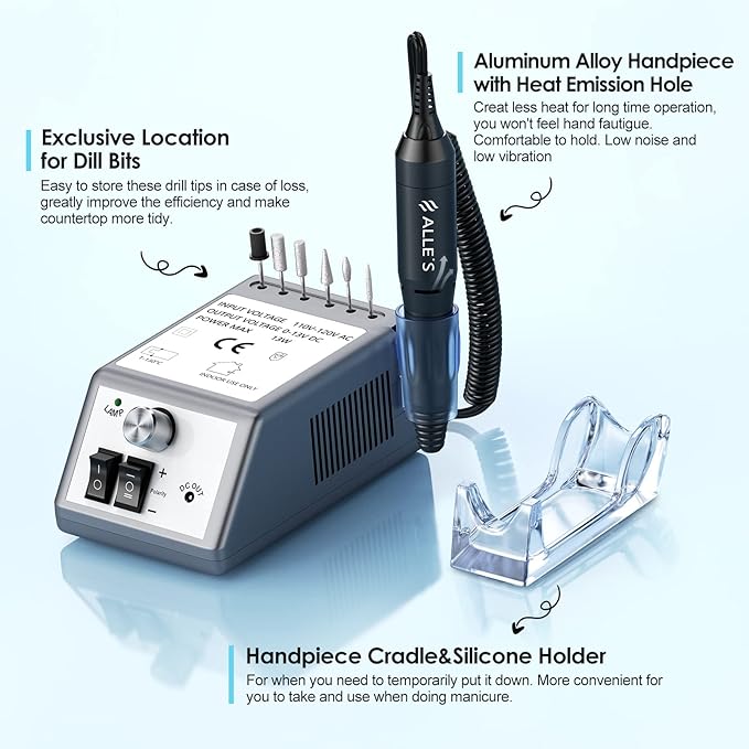 Professional Nail Drill Machine 20000 RPM Efile Electric Nail Filer Kit for Finger Toe Nails, Acrylic Gel Nails, Manicure Pedicure Drill with 6Pcs Nail Bits, 106Pcs Sanding Bands - Grey