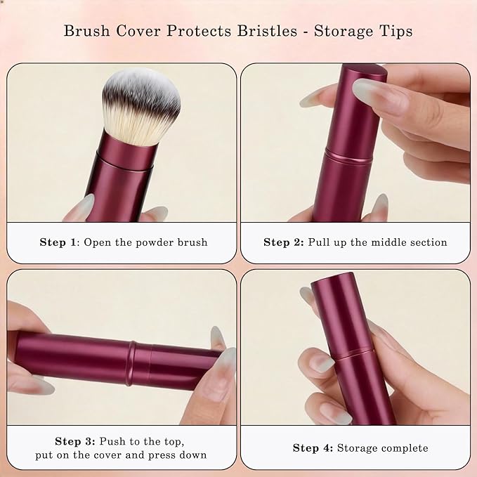 WOKOTO 2 PCS 2-in-1 Retractable Brushes - Nail Art Dust Remover for Acrylic Nails, Round & Angled Makeup Brushes for Foundation & Cream, Burgundy Handle Dust Brush, Travel-Friendly Aluminum Tube