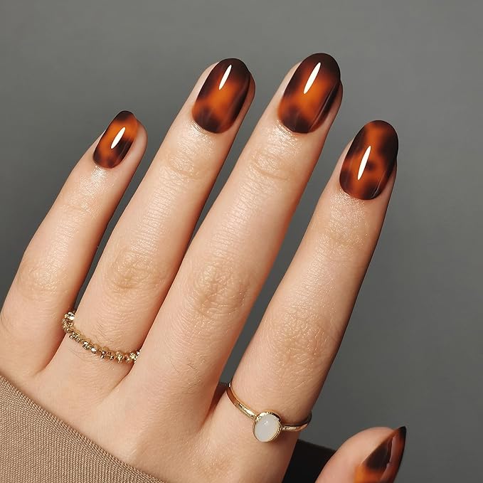 Press On Nails - Tortoise | Amber Tortoise Shell Short Oval, Salon Quality | 32 Nails, 16 Sizes Kit with Glue and Adhesive Tabs I Female Founded - Beauty, Self Care