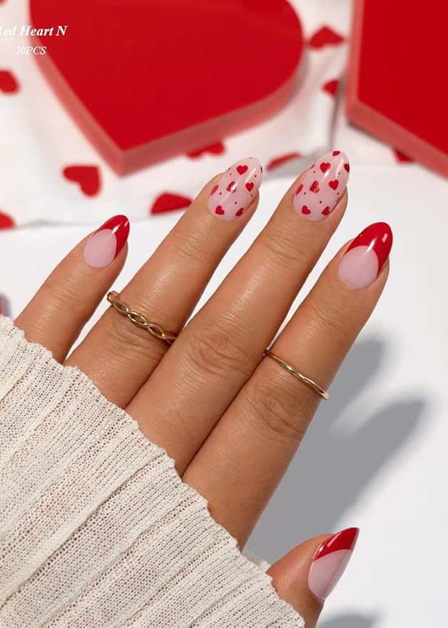 Semi Cured Gel Nail Strips (Red Heart N), Valentine's Day French, 20 Pcs Gel Nail Wraps, Stickers, Works with Any UV Lamps