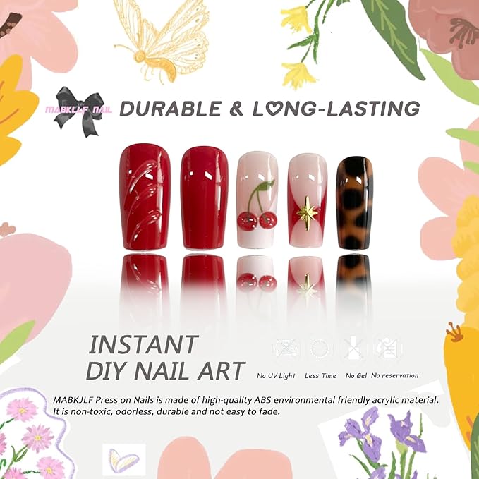 French Tip Press on Nails Medium Square MABKJLF Fake Nails Fall False Nails with Tortie Cherry Leopard Print Designs Glossy Glue on Nail Autumn Acrylic Nails for Women Girls 24Pcs