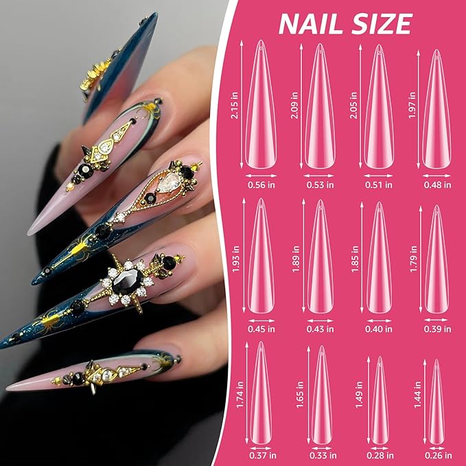 504PCS 3XL Stiletto Nail Tips, Full Cover Clear Nail Tips for Acrylic Nails Professional, 12 Sizes Tapered Square Acrylic Press On Nail Tips for Nail Salons Home DIY