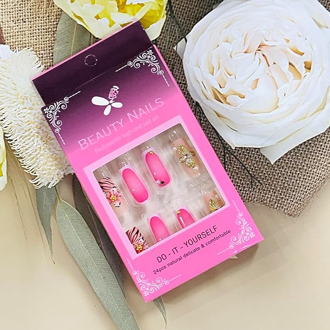 Press on Nails Coffin Long Length Acrylic Glossy Full Cover Square Shaped French False Nails with Designs Artificial Extra Long Fake Nails with Charms Glue ons Fingernails for Women(AS01)