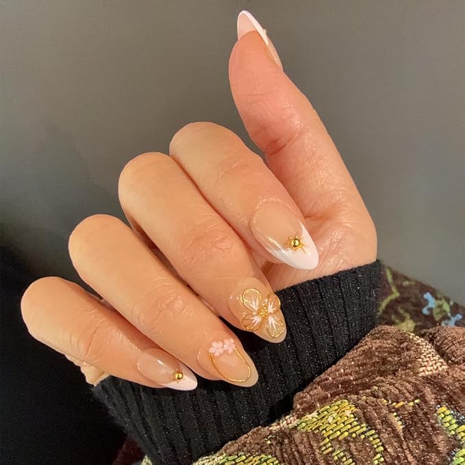 10 Short Almond Handmade Press On Nails | Nude & Blush Ombre Design with 3D Floral & Gold Accents | Salon-Quality, Easy Apply/Remove, Reusable & Long-Lasting (251214, XS)
