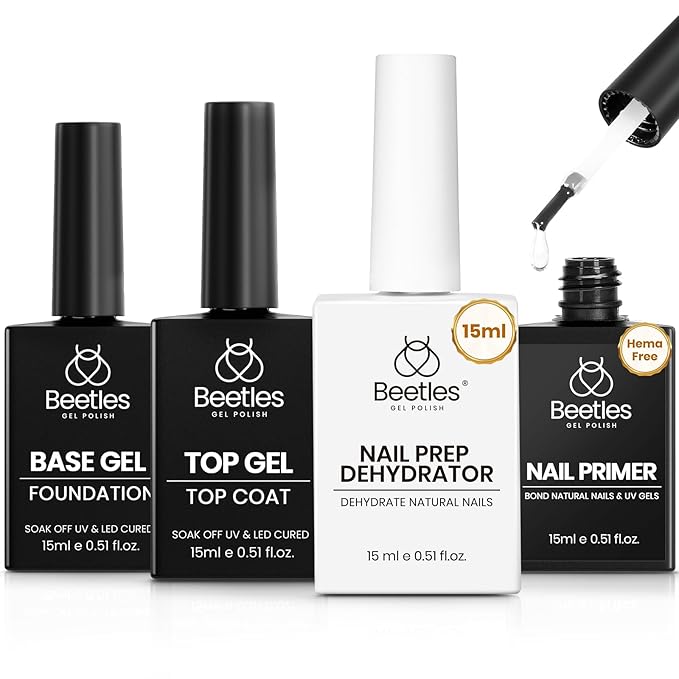 Beetles 4Pcs Top Coat and Base Coat Gel with Nail Dehydrator and Primer Set Acid-Free Hema-Free Nail Bond for Gel Polish Acrylic Nails, Long-Lasting for Professional Manicure Prep Kit